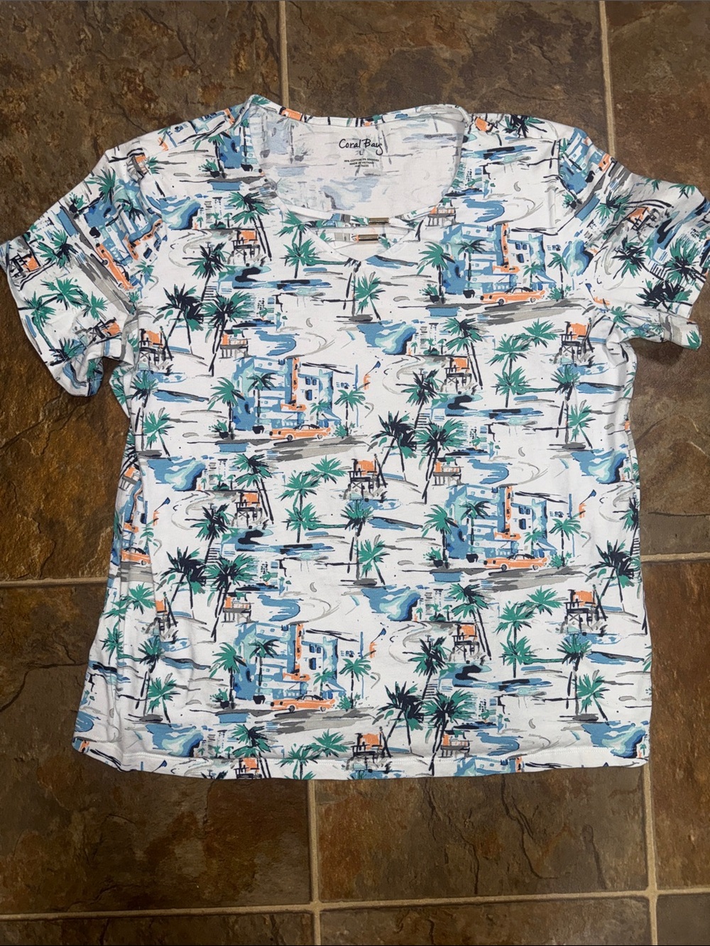 Coral Bay Women’s White Tee with Blue, Green & Orange Tropical Print